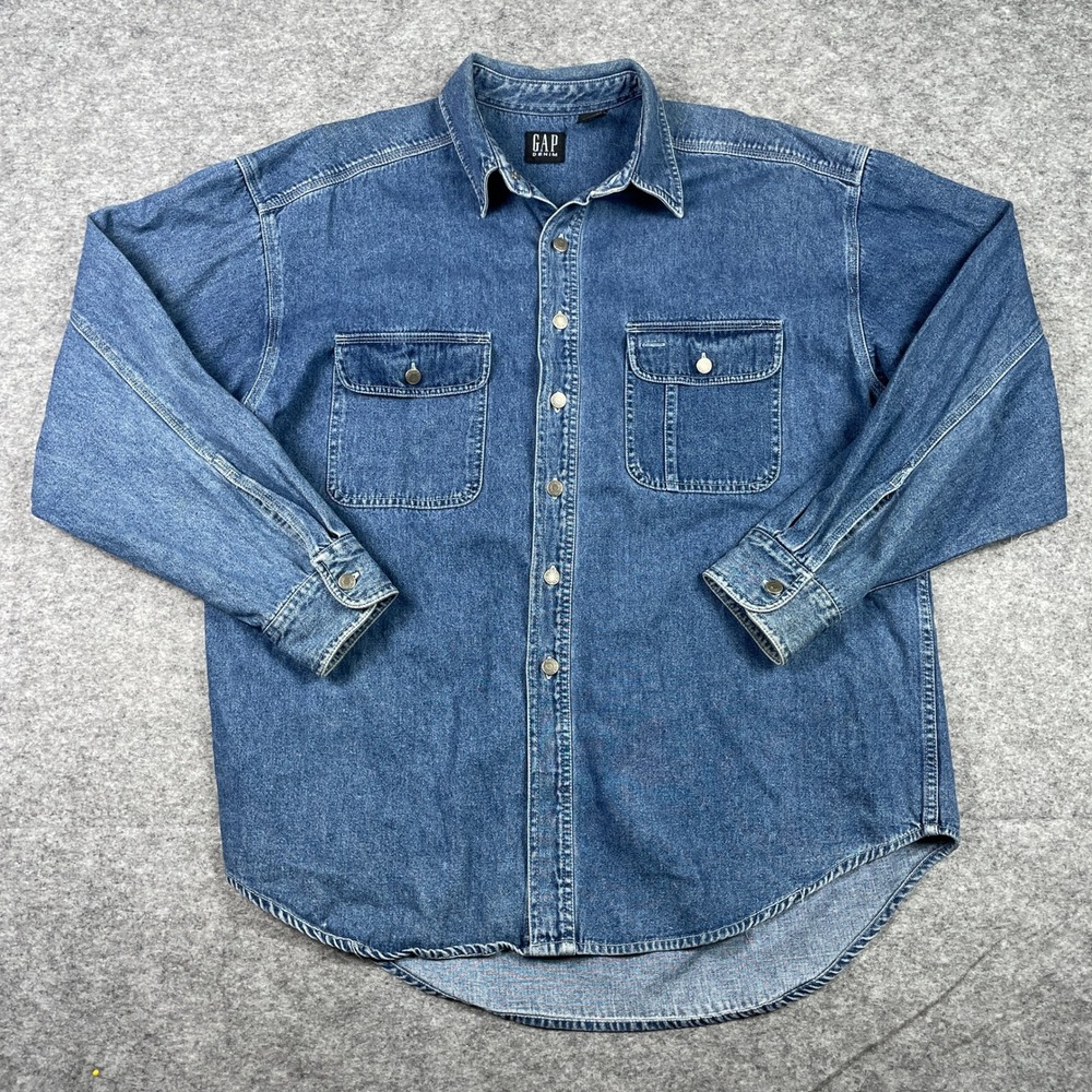 Vintage 90s Gap Denim Shirt Mens XL Blue Long Sleeve Double Pocket Button Down